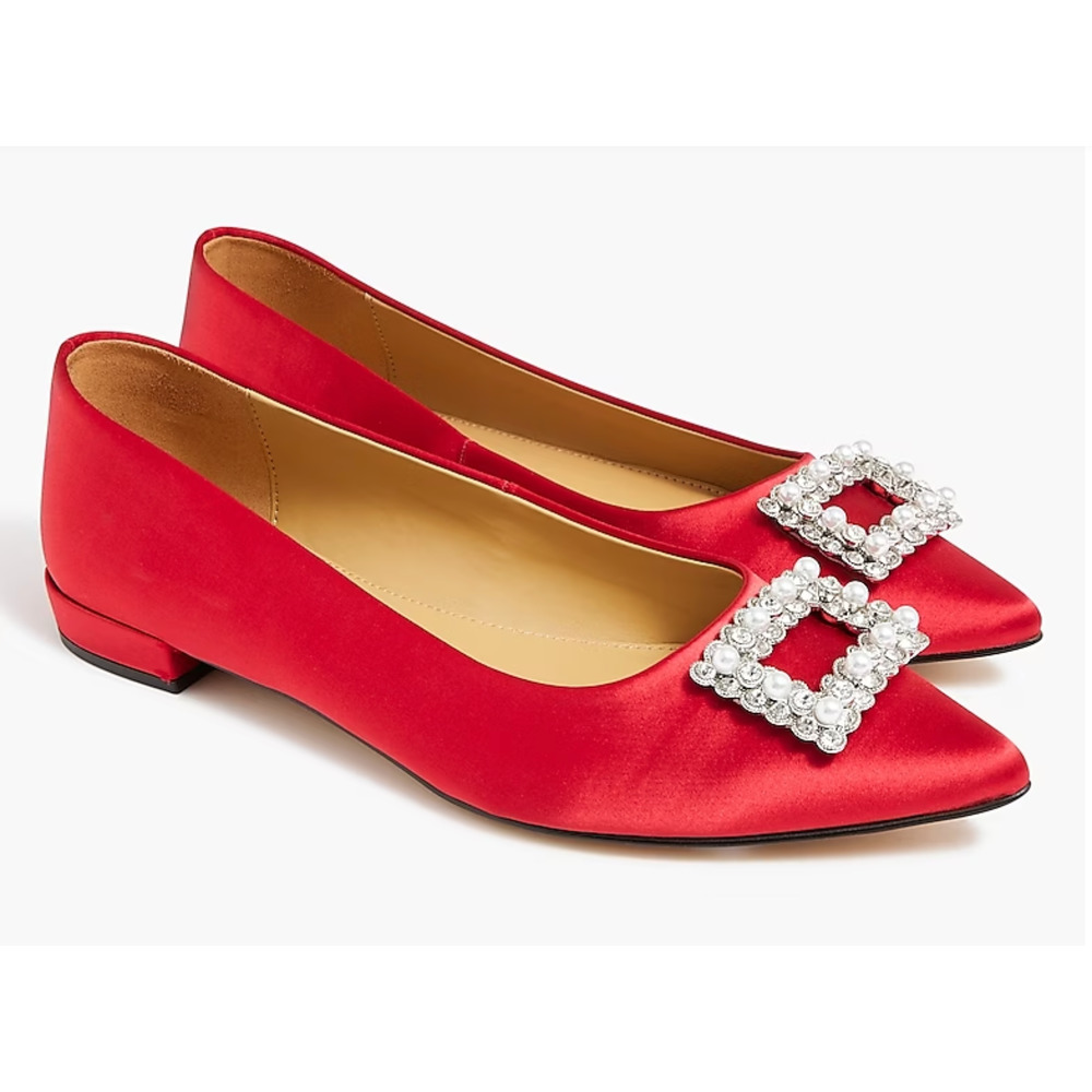 Crystal Embellished Pointed-Toe Satin Flats | Sz 6, Ruby Red | J Crew Factory